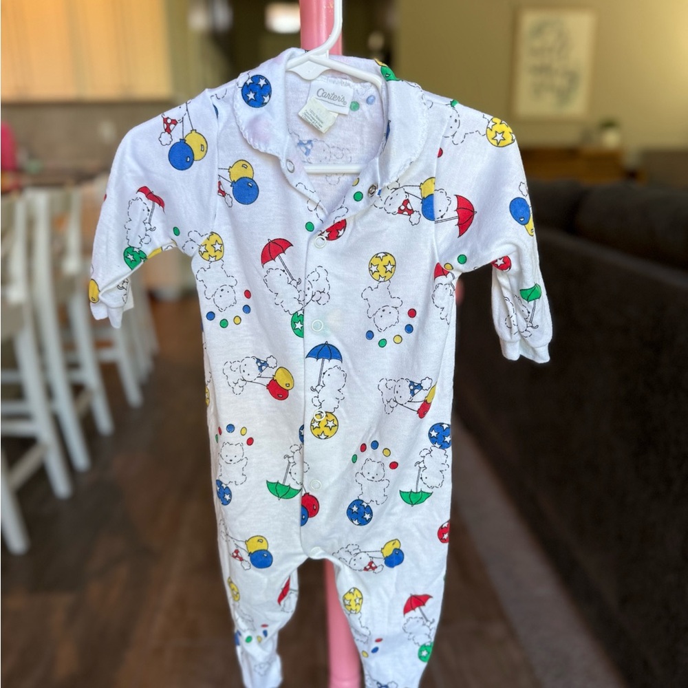 Vintage Carter's White Baby One-Piece with Colorful Umbrella & Ball Print